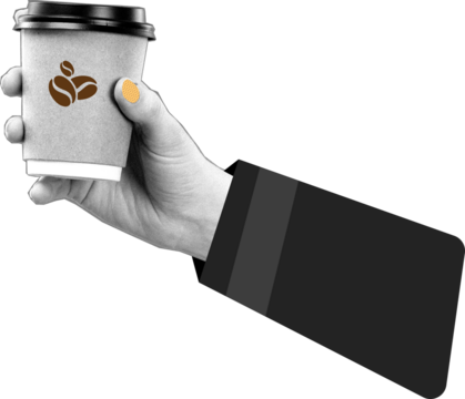 Halftone collage with hand that holds coffee.  - Powered by Adobe