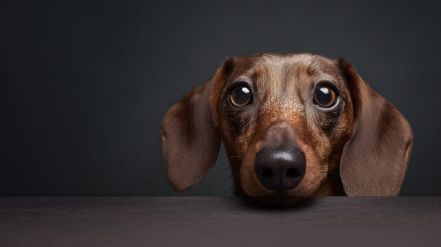 Adorable dachshund dog looking up with big eyes, resting head on table edge. Studio portrait with dark background.

 - Powered by Adobe