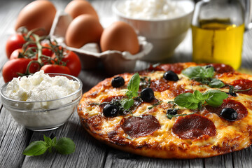 Freshly baked pepperoni pizza with black olives, mozzarella, and basil served with ingredients on rustic wooden table &ndash; tomatoes, ricotta cheese, eggs, and olive oil.