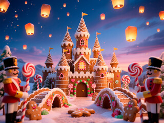Gingerbread castle with colorful candy decorations, surrounded by snow, featuring nutcracker figures, festive atmosphere, and floating lanterns creating a magical holiday scene