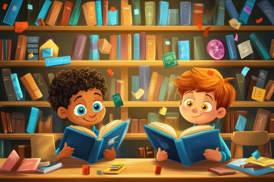 Biracial schoolboys engaged in reading surrounded by colorful school items in a lively library setting, school items icons over biracial schoolboys reading book in library - Powered by Adobe