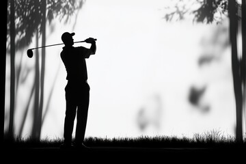 Golfer practicing teeing off in silhouette at a serene golf course at dusk, Golfer Practicing Teeing Off Golf Course Silhouette