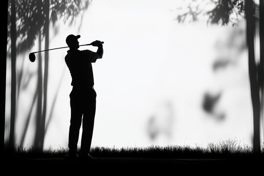 Golfer practicing teeing off in silhouette at a serene golf course at dusk, Golfer Practicing Teeing Off Golf Course Silhouette