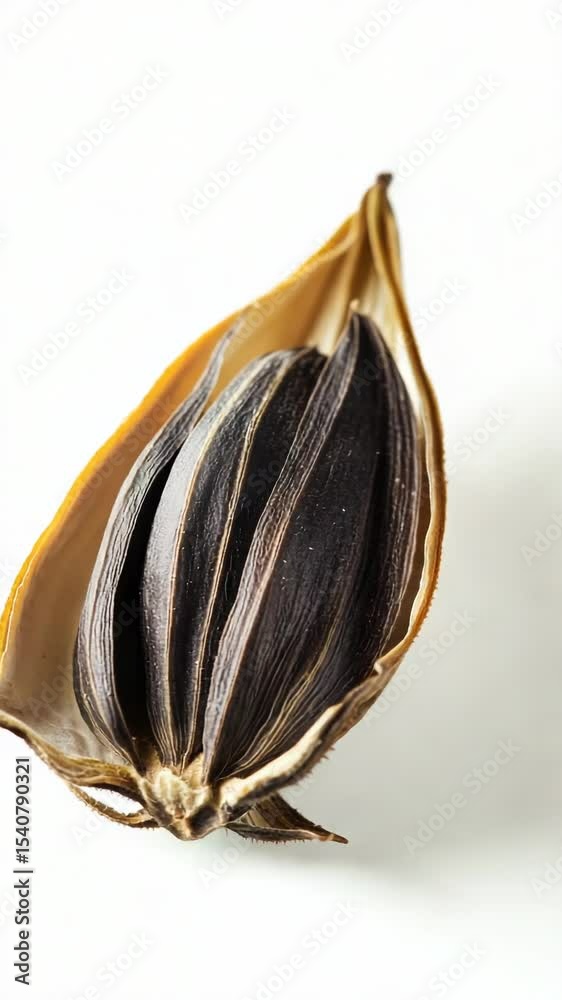 Poster a single seed resting on a white surface, great for use as a symbol or in designs related to nature 