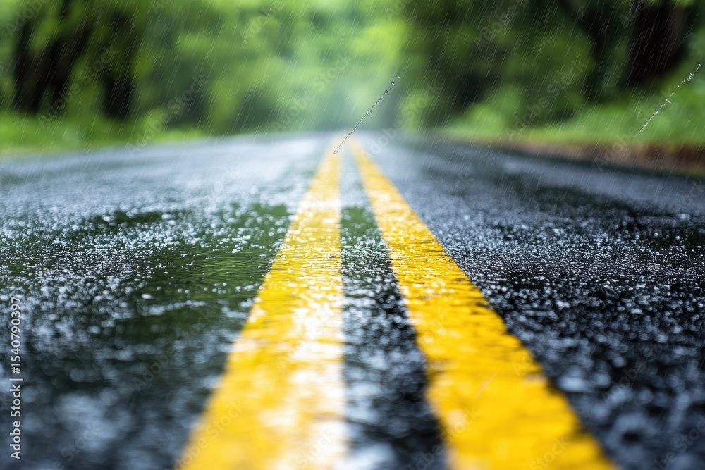 Aufkleber wet road glistens under bokeh lights in the background near a forested area, wet road with bokeh lig
