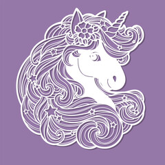 Unicorn head with a long mane. Template for laser cutting from paper, wood, cardboard, metal, etc. Decor for a girl's room. For the design of postcards, stencils, interior decor, Christmas tree toys, 