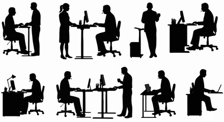 Diverse Office Workers Silhouettes Illustrating Workplace Dynamics and Ergonomic Postures