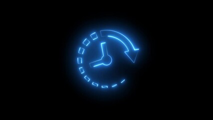 Glowing neon Rewind time icon isolated animation .clock icon with arrow recycling icon animation . refresh time line icon.neon sign .