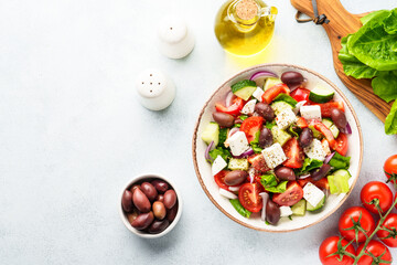 Greek salad, healthy food, mediterranean diet. Fresh vegetables, cheese and olive oil.