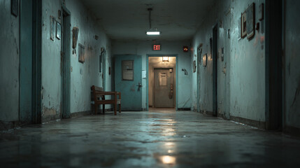 A long hallway with an exit sign and doors on both sides.