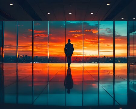 Silhouetted figure stands in reflection of dramatic sunset over a cityscape