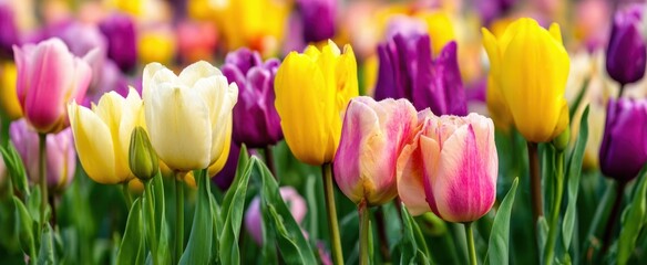 The vibrant tulips blooming in a beautiful spring garden full of colors.