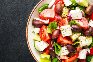Greek salad, healthy diet food. Close up, macro.