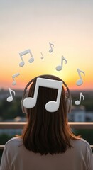 Naklejka premium Relaxed woman with headphones listening music at sunset with 3d music note overlays