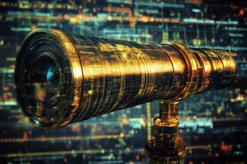 Digital scope analyzing media icons in a futuristic environment with a cybernetic design, media icons over scope scanning