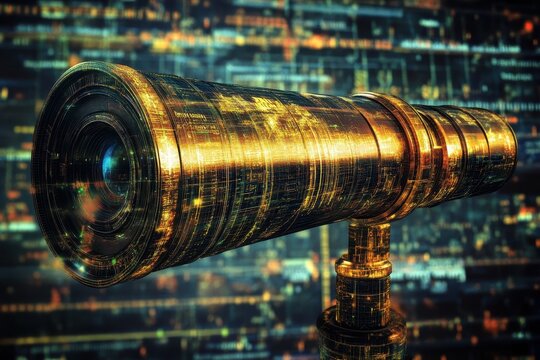 Digital scope analyzing media icons in a futuristic environment with a cybernetic design, media icons over scope scanning - Powered by Adobe