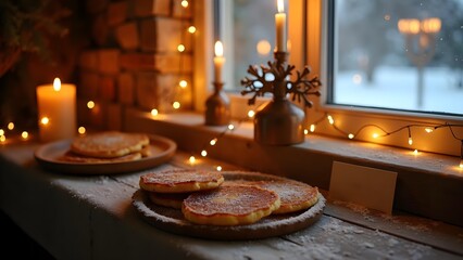 Rustic Hanukkah Mantel Display with Latkes and Twinkling Lights in Cozy Home