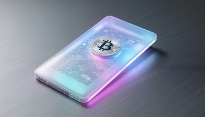 Digital wallet with Bitcoin symbol illuminated on colorful background  