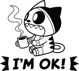 Grumpy Cat-like Character with Coffee Mug and 