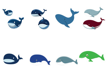 Naklejka premium Cute Cartoon Whales in Various Sizes and Shades