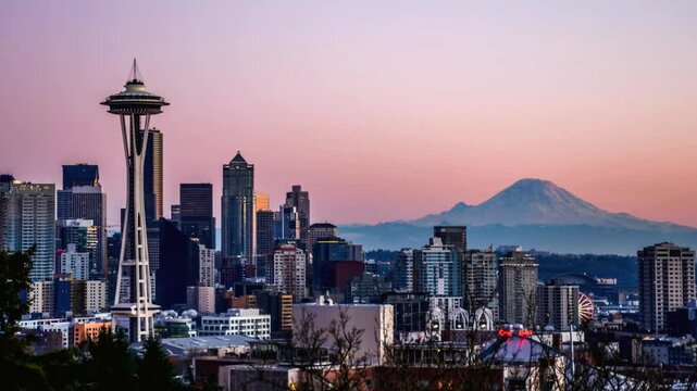 Panoramic View of Seattle Skyline with Mount Rainier at Sunset