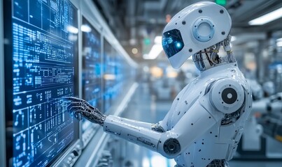 An intelligent robot working on a futuristic control panel in a high-tech facility.