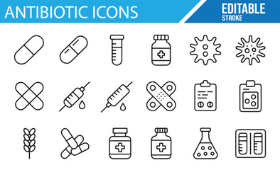 Editable antibiotic and healthcare vector icons for medical design