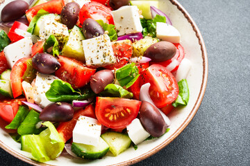 Greek salad, healthy diet food. Close up, macro.