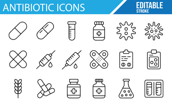 Editable antibiotic and healthcare vector icons for medical design