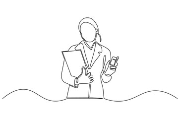 Continuous one line drawing of Healthcare with digital screen. Single line drawing illustration of Woman doctor healthcare. Medical online healthcare concept vector art. Doodle line illustration.