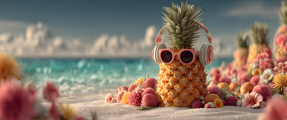 Pineapple with sunglasses and headphones sits on beach. Tropical summer vacation. Colorful flowers and fruits around it. Sunny day and turquoise sea. Relaxing summer vibe. Fun and creative image.
