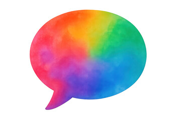 Watercolor speech bubble bursting with vibrant rainbow colors symbolizing communication, diversity, and inclusion on a transparent background