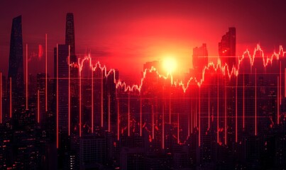 Cityscape at sunset with superimposed red stock market graph showing a decline
