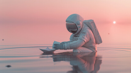 Astronaut releasing a paper boat into still water – a quiet message of hope from another world
Perfect for emotional storytelling, visual metaphors, and reflective branding.