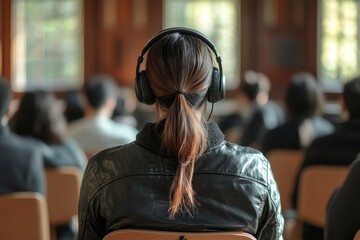 A woman wearing headphones in a conference room listening attentively. She is seated amongst others, focused on what she is hearing, creating a sense of listening and concentration.