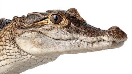 Fototapeta premium Close up of a caiman head against a white background.