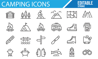Editable icons of camping gear and activities for outdoor projects