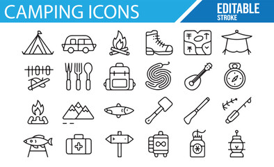 Vector camping icons for outdoor adventure and travel designs

