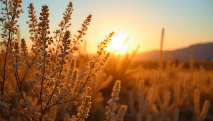 Fototapeta premium Golden Hour in the Field Sunlit Plants Against a Mountain Backdrop
