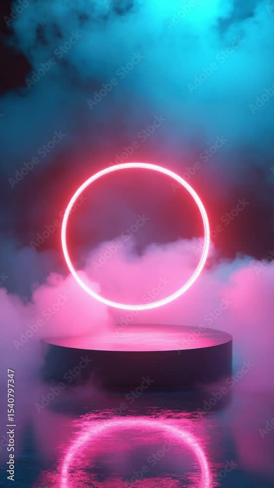 Poster a pink neon circle floats on the surface of calm water, perfect for use in designs related to fun an