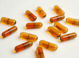 Amber Capsules Scattered: Close-up shot of multiple amber-colored capsules scattered on a surface, showcasing their translucent quality and the liquid inside.