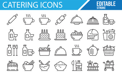 Collection of cake, drink, and utensil icons for catering designs