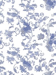 Floral Pattern Blue White: Vintage Wallpaper with Intricate Design and Delicate Motifs in Timeless Textile Art for Sophisticated Interior Decor