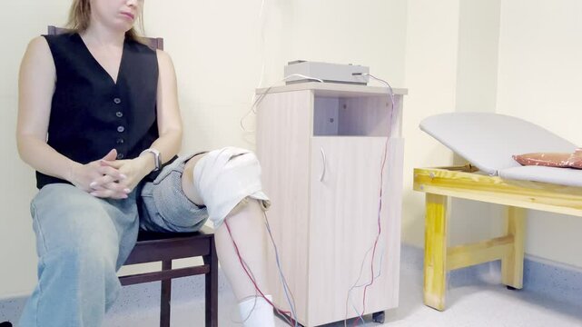 Middle-aged woman undergoing knee joint electrophoresis therapy at a medical rehabilitation center. Physical therapy procedure for pain relief and joint treatment. Clinical setting.