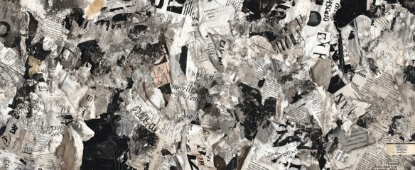 The layered collection of torn newspaper clippings in black and white.