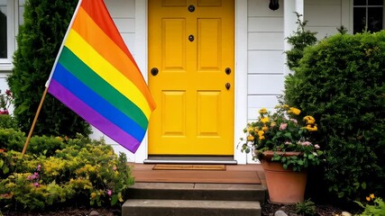 Suburban house exterior featuring a vibrant yellow door and a colorful rainbow pride flag waving in the well-manicured front yard garden.