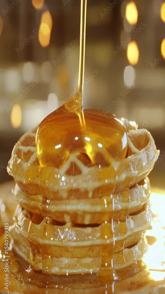 Poster a stack of waffles sitting on a wooden table, ready to be devoured