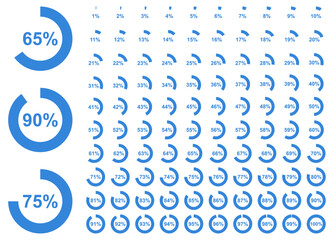 Vector icon set showing circular percentage progress from 1% to 100%. Clean blue design for UI, dashboards, data visuals, analytics, and infographics.