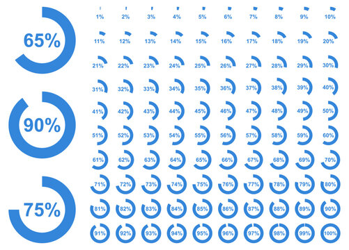 Vector icon set showing circular percentage progress from 1% to 100%. Clean blue design for UI, dashboards, data visuals, analytics, and infographics.
