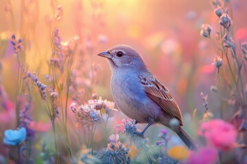 Obraz premium Wild bird resting gracefully among vibrant flowers in a serene garden setting, beautiful wild bird sitting among flowers